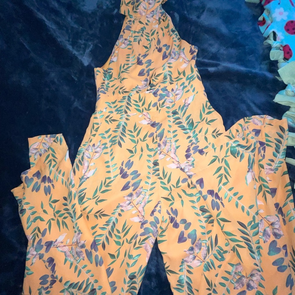 REVOLVE Leaf Print Mustard Jumpsuit